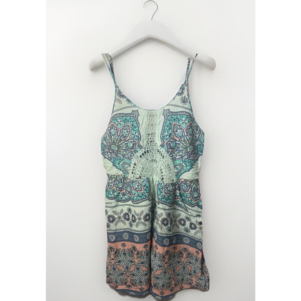 Roxy Dress Size Large Green Dance to the Beat Boho Crocheted Mini Pockets Beachy